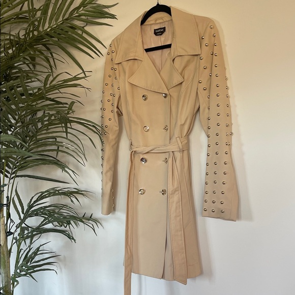 Bebe Studded Sleeve Double Breasted Belted Trench Coat - Tan/Beige - Picture 4 of 10